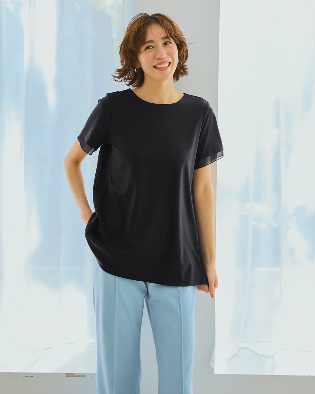 シアー二重袖長め丈／スーピマ・ドゥクラッセTシャツ 詳細画像 ブラック 2