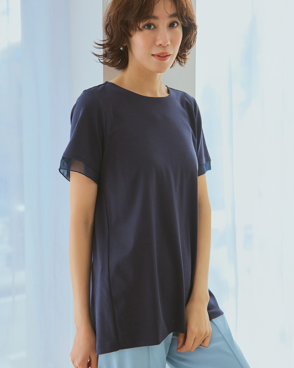 シアー二重袖長め丈／スーピマ・ドゥクラッセTシャツ 詳細画像